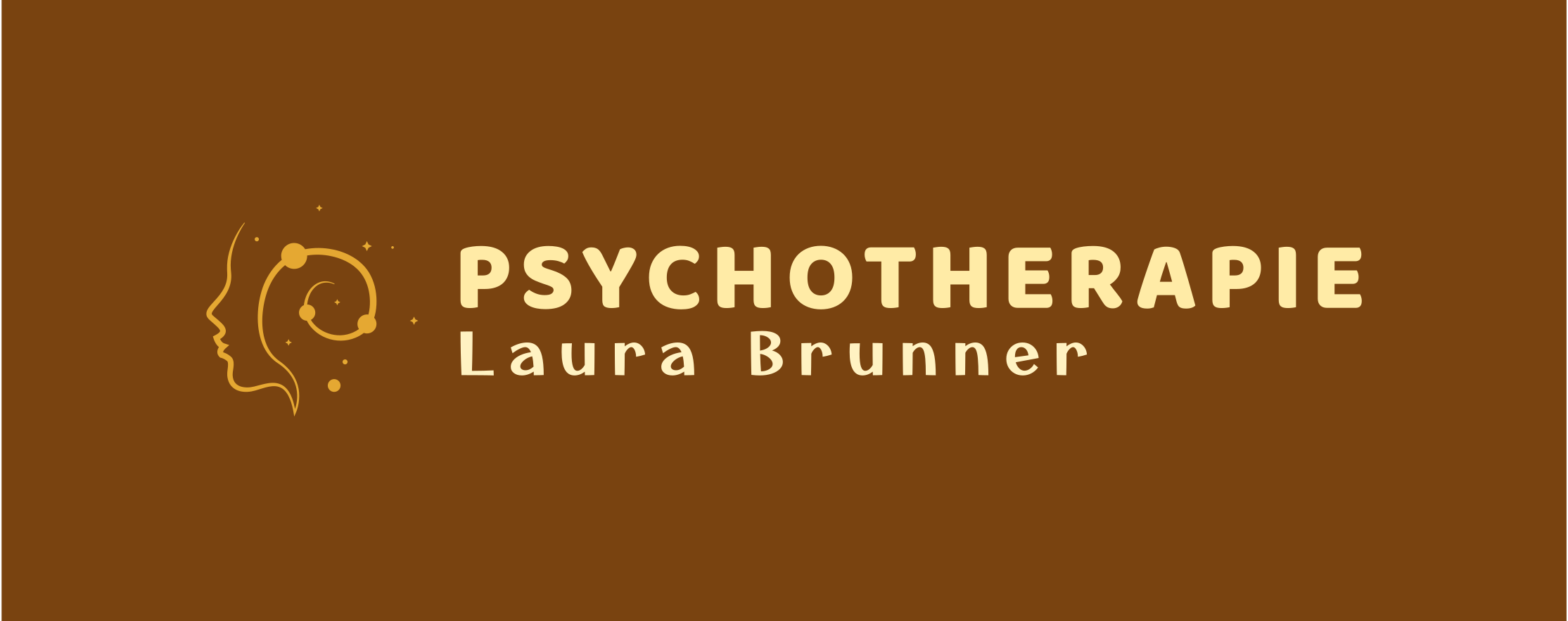 Logo der Website mit dem Titel Psychotherapie Laura Brunner. Daneben ist ein stilisierter Kopf im Profil, der in eine Spirale mit Punkten führt.
